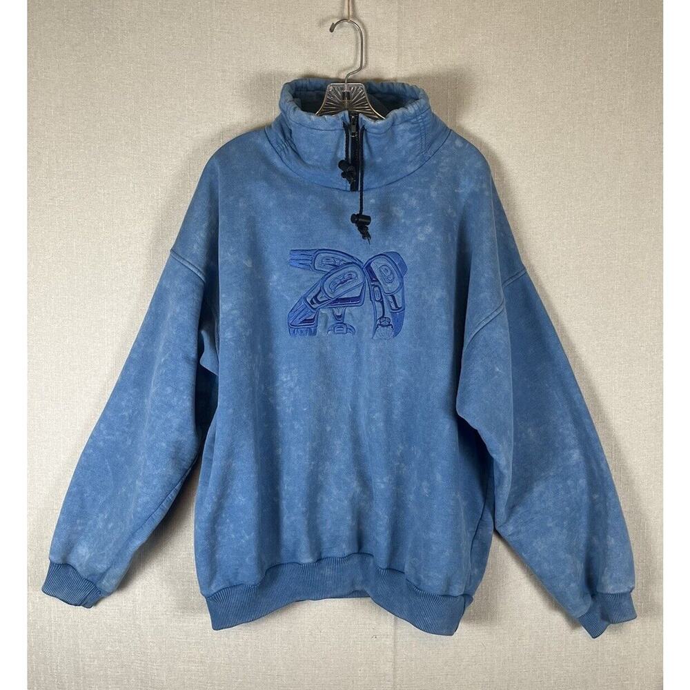 VTG Fuzzy Stonewash Native Bird 1/4 Zip High Neck Sweatshirt Mens XL Blue READ